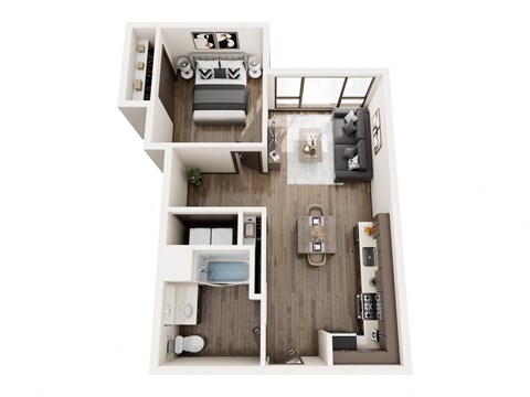 Floor plan for 1 bed, 1 bath, 629 sqft